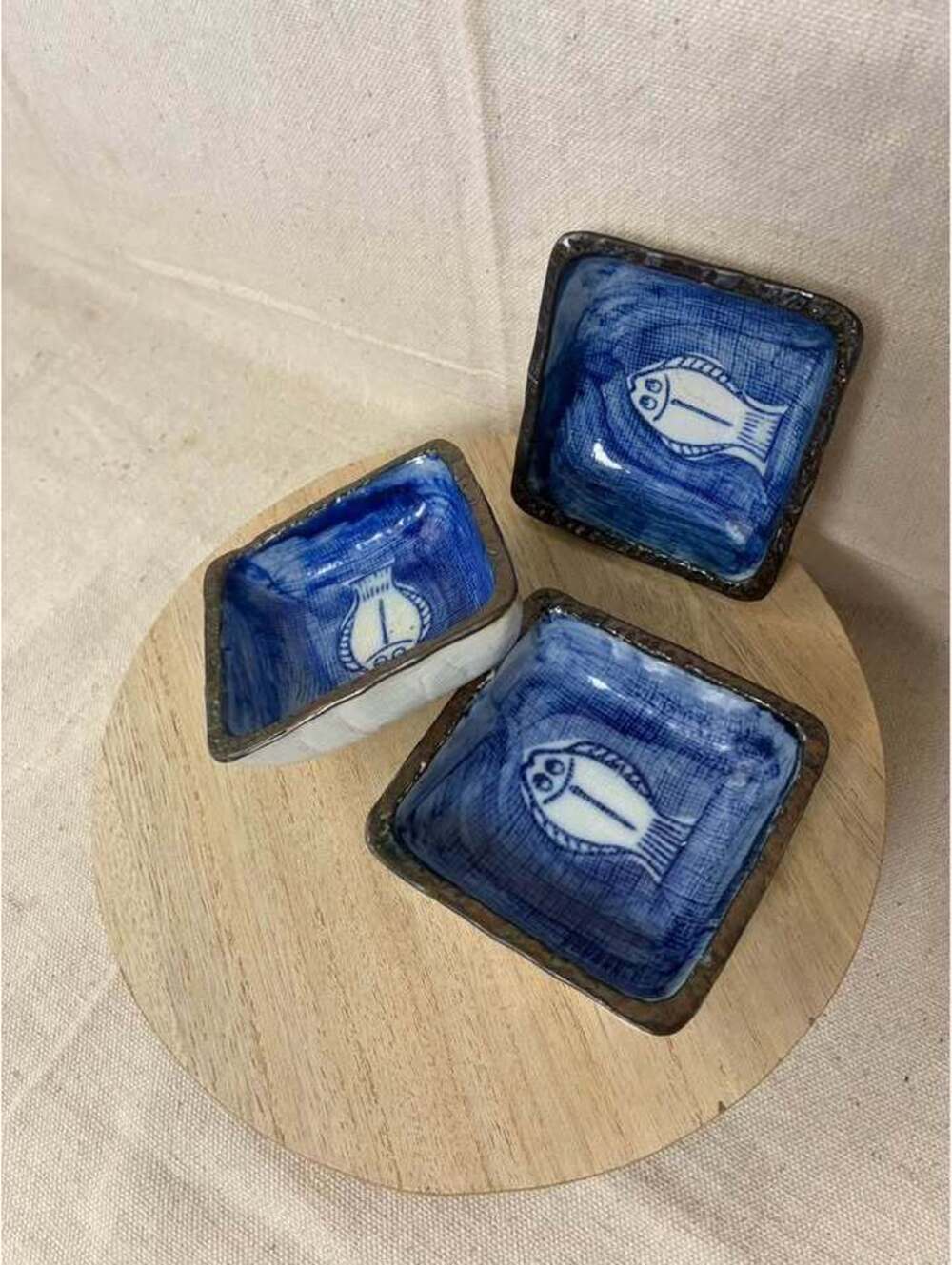 Set of 3 Blue and White Fish (flounder)Ceramic Square Bowls